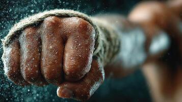 Strong fist punching through water splashes in an intense training session at a gym photo