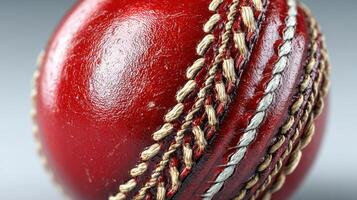 Close-up view of a red cricket ball showcasing stitching and texture under soft lighting in a sports setting photo