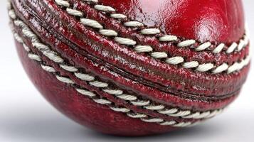 Cricket ball close-up reveals detailed stitching and glossy surface during a game moment in the afternoon sun photo