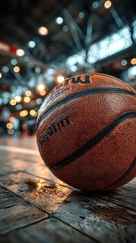 Basketball resting on wooden floor in a gym during an evening practice session with blurred players in the background photo