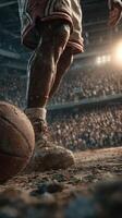 Basketball player prepares to make a move during an intense game in a packed arena at night photo