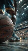 Basketball player on the court during a tense moment in a championship game with a packed arena photo