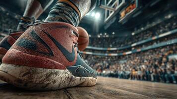 Basketball player prepares for shot on court during high-energy game in packed arena photo