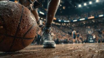 Basketball match in a packed arena with an intense atmosphere and a close-up view of a ball on the court during a playoff game photo