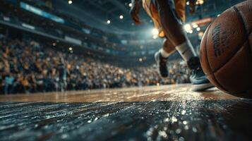 Captivating moment during a thrilling basketball game with crowds cheering and the ball in play at the arena photo