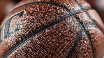 Close-up view of a worn basketball showcasing texture and detail in natural lighting photo