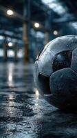 Wet soccer ball rests on a shiny surface in an industrial setting during the evening photo