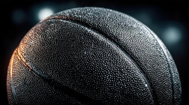 Basketball with droplets reflecting light in a dimly lit indoor environment during a match photo