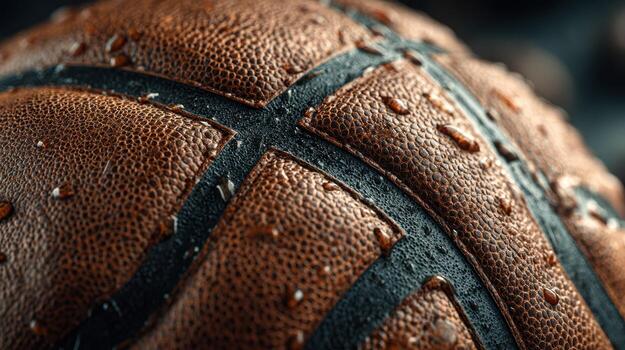 Close-up view of a wet basketball highlighting texture and droplets after rain during practice at sunset photo