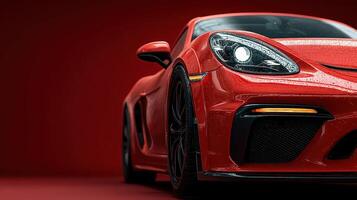 Powerful red sports car showcasing sleek design against bold red backdrop with droplets of water accentuating curves photo