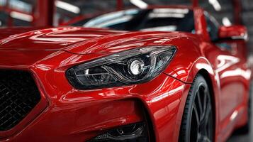 Sleek red sports car parked under bright lights in a modern garage setting showcasing its bold design and precise details photo