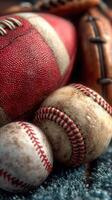Classic sports equipment collection featuring worn baseballs and a football photo