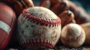 Baseball and football gear displayed on a textured surface at a sporting venue in daytime conditions photo