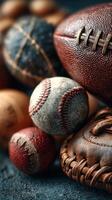 Collection of various vintage sports balls including football, baseball and leather gloves displayed on a textured surface photo