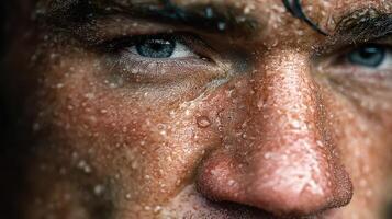 Close-up of a determined man with rain on his face showcasing resilience and strength during a difficult moment photo