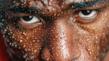 Intense close-up of a determined athlete's face with sweat glistening in a training session photo