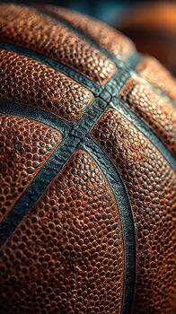 Close-up view of a textured basketball highlighting its surface details and contours during an indoor game photo