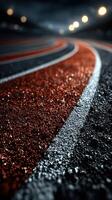 Running track with vibrant red and white lines glistening under evening lights photo
