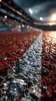 Close-up of an athletic track focusing on a white line during sunset with blurred stadium in the background showcasing competition spirit photo