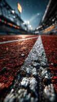 Athletic track under water droplets during twilight with stadium lights glowing in the background photo