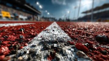 Close-up view of a racing track showing the texture and details of the surface under bright stadium lights photo
