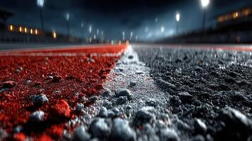 Close view of a racetrack at night featuring red and black asphalt under stadium lights photo
