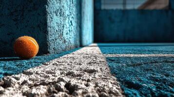 Tennis ball resting on a vibrant blue court during a sunny day at the local sports complex photo