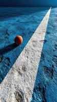 Tennis ball resting on a blue court surface with a stark white line marking the boundary in a well-lit indoor setting photo