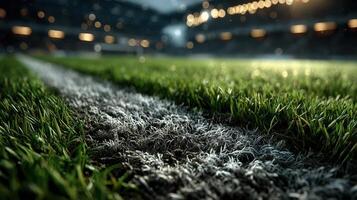 Grass field with detailed white line at a sports stadium during an evening match event photo