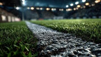 Grass field and goal posts in a football stadium during a night match with bright lights illuminating the scene photo