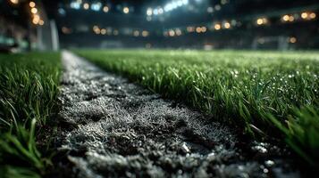 Players preparing for an intense soccer match on a wet grass field under stadium lights at night photo