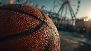 Exciting moment captured at a carnival with basketball in focus during sunset photo