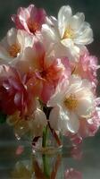 Bouquet of delicate pink and white flowers arranged elegantly in a clear glass vase photo