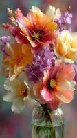 Colorful bouquet of vibrant flowers in a glass jar against a soft blurred background in a warm, artistic setting photo