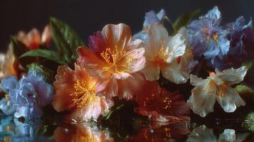 Colorful floral arrangement featuring vibrant blossoms on a reflective surface in a soft light setting photo