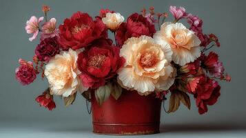 Beautiful arrangement of vibrant flowers in a rustic red bucket showcases natural colors and textures photo
