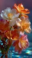 Colorful blossoms with dew droplets illuminated by soft light in a tranquil setting photo