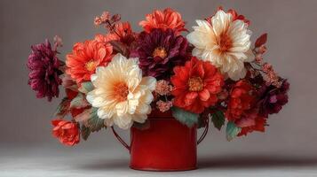 Colorful floral arrangement in a red pot with vibrant dahlias and decorative leaves photo