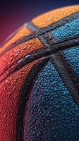 Close-up of a vibrant basketball with droplets of water highlighting its texture photo