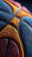 Close-up view of a basketball surface showing texture and moisture drops with vivid colors in a studio setting photo