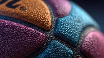 Close-up view of a colorful basketball showcasing intricate textures and patterns during indoor sports activity photo