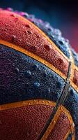 Close-up of a wet basketball with water droplets on its surface showcasing vibrant colors and texture in a dramatic light setting photo