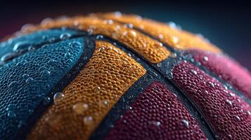 Close-up view of a textured basketball covered in droplets of water showcasing vibrant colors during a game night photo