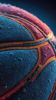 Close-up of a wet basketball showcasing intricate details and textures after a rain shower, highlighting vibrant colors and droplets photo