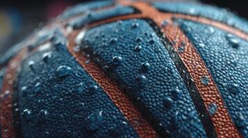 Basketball with water droplets captured up close in a wet indoor environment with detailed texture photo