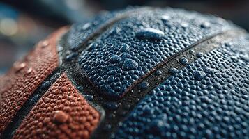 Close-up of a wet basketball with water droplets highlighting its texture during a rainy outdoor game photo