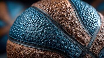 Basketball close-up showing textured surface with vibrant colors and detail in indoor sports setting photo