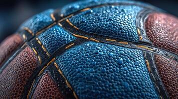 Close-up view of a wet basketball showcasing vibrant colors and detailed texture after a rain shower during a game photo