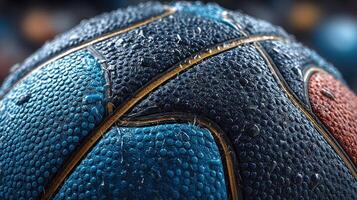 Detailed close-up of a wet basketball showcasing unique texture and vibrant colors in a sports setting photo