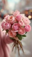 Beautiful bouquet of pink roses held by a person in a soft sweater on a vibrant city street photo